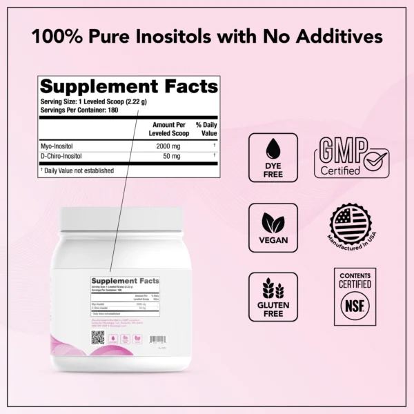 Ovasitol canister supplement facts - 100% pure inositols with no additives - dye free, vegan, gluten free, GMP certified, manufactured in the USA, NSF contents certified