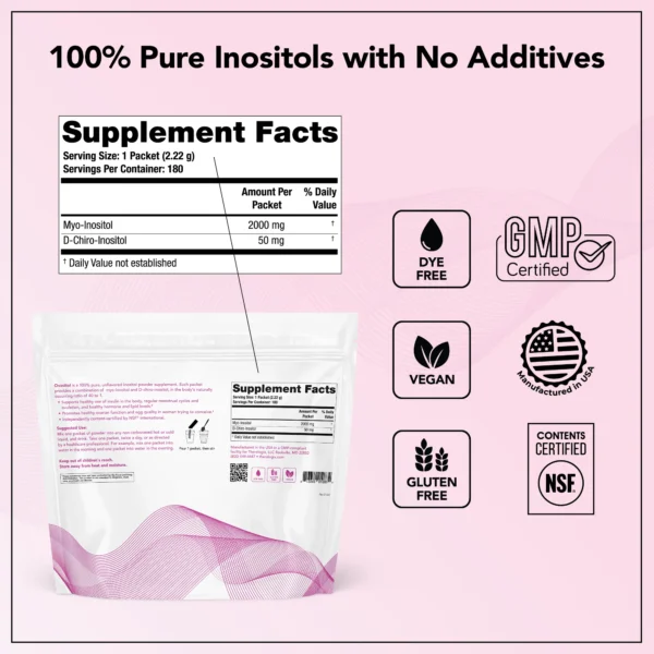 Ovasitol bag supplement facts - 100% pure inositols with no additives - dye free, vegan, gluten free, GMP certified, manufactured in the USA, NSF contents certified