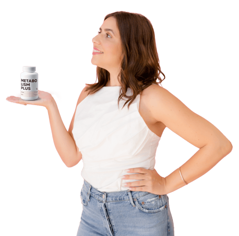 Woman holding a bottle of Metabolism Plus