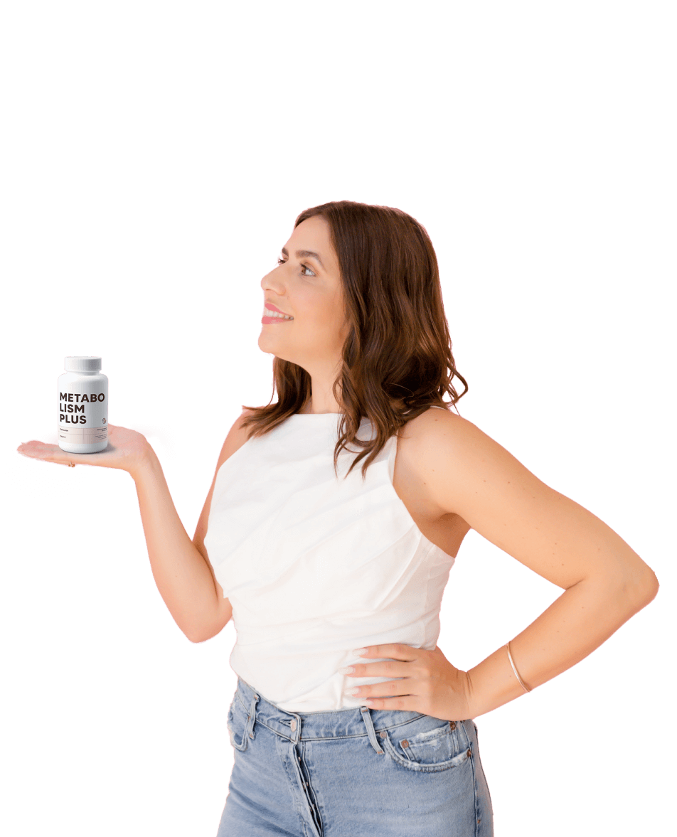 Woman holding a bottle of Metabolism Plus