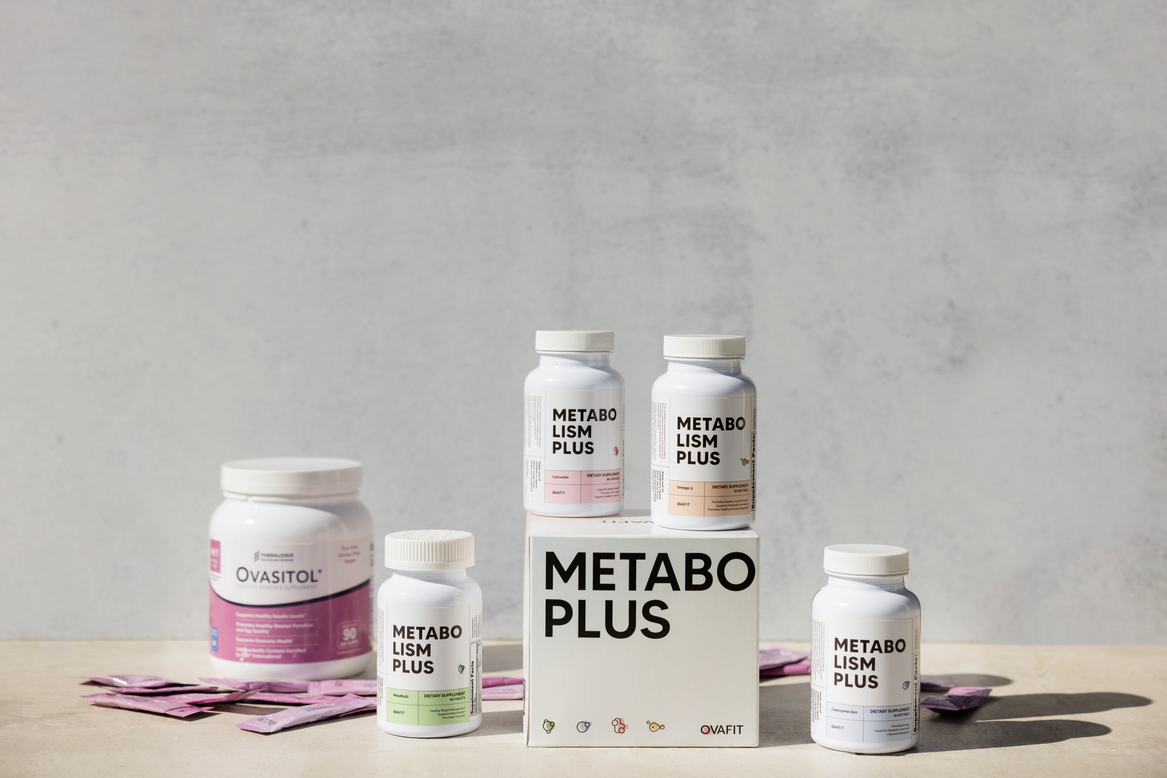 Metabolism Plus and Ovasitol products sitting on a table