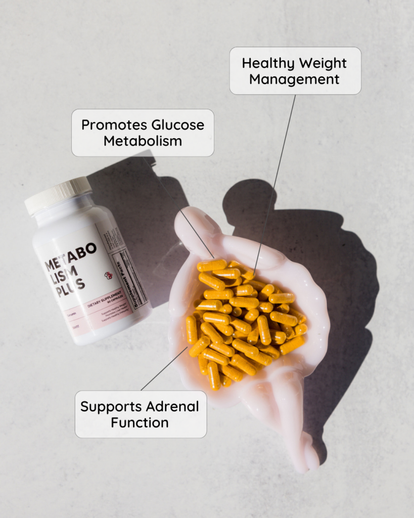 Bottle of Metabolism Plus Curcumin with a tray of orange pills adjacent and captions displaying: promotes glucose metabolism, healthy weight management, and supports adrenal function