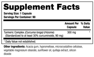 Supplements facts for Curcumin - 1 capsule serving size - 90 per container - Turmeric Complex 300mg - other ingredients: Acacia gum, hypermellose, microcrystalline cellulose, vegetable magnesium iterate, sunflower oil, quillaja extract, silicon dioxide
