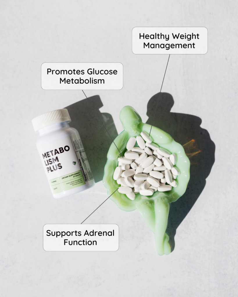 Bottle of Metabolism Plus Multivitamin with tray of white pills and captions saying: promotes glucose metabolism, healthy weight management, and supports adrenal function