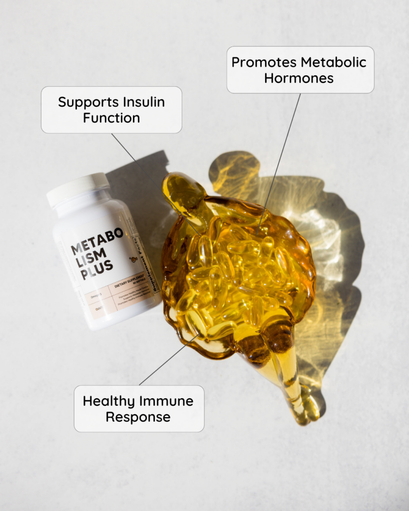 Bottle of Metabolism Plus Omega-3 with tray of gold pills and captions saying: Supports insulin function, Promotes metabolic hormones, and Healthy immune response