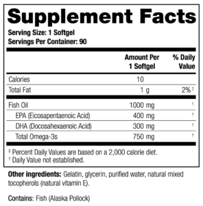 Supplement facts for Metabolism Plus Omega-3 - 1 soft gel serving size - 90 per container - Calories 10, total fat 1g (2% daily), Fish oil 1000mg comprised of EPA 400 mg, DHA 300 mg, total omega-3s 750 mg, other ingredients: gelatin, glycerin, purified water, natural mixed tocopherols (natural vitamin E).
