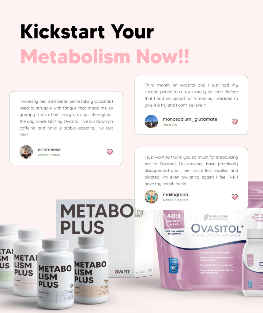 Kickstart your metabolism now! Contains three testimonials and a background image of two products: Metabolism Plus and Ovasitol