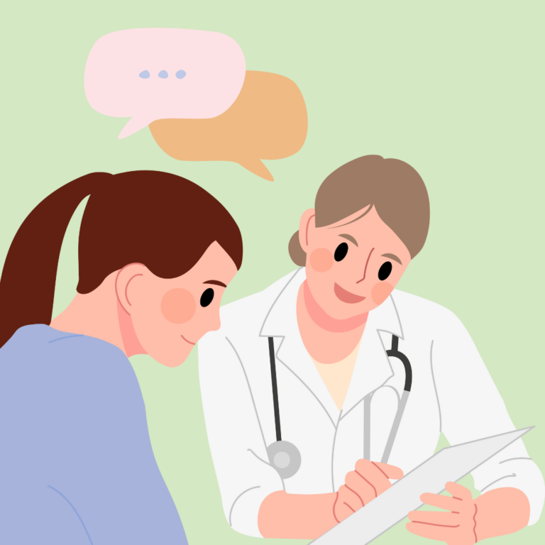 cartoon of doctor showing patient results on paper