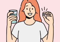 Icon of a lady holding a glass of water in one hand and a pill in the other hand