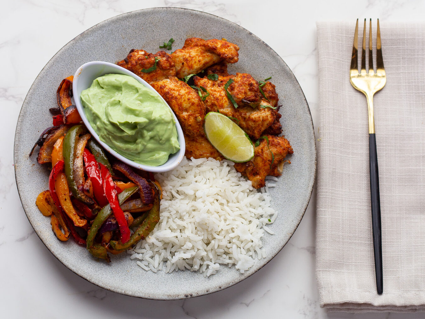 Air Fryer Chicken Fajitas with Rice and Guacamole