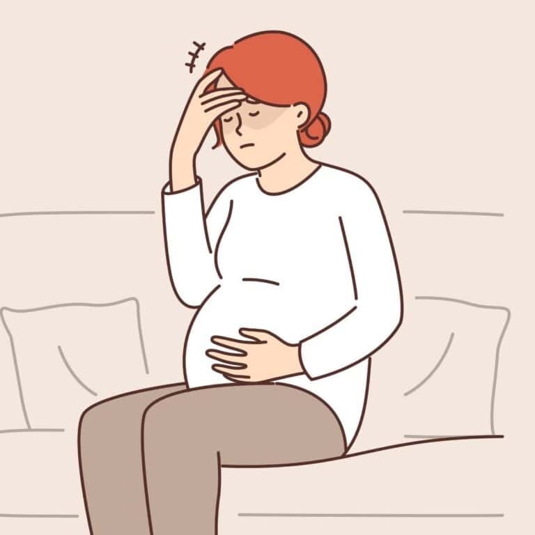 cartoon woman holding her pregnant belly in one hand and her head like it aches with the other