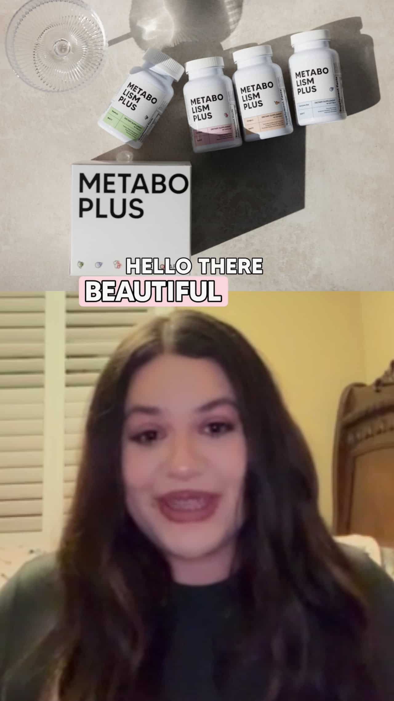 woman giving a testimonial with a package of metabolism plus supplements above her