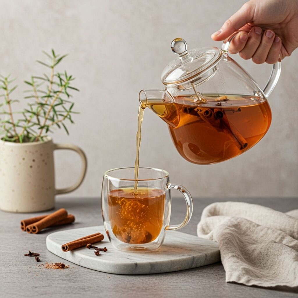 glass tea pot with tea and cinnamon sticks inside pouring tea into a glass mug