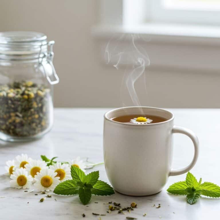 chamomille mint tea steaming in a white mug with flowers/leaves around on the counter