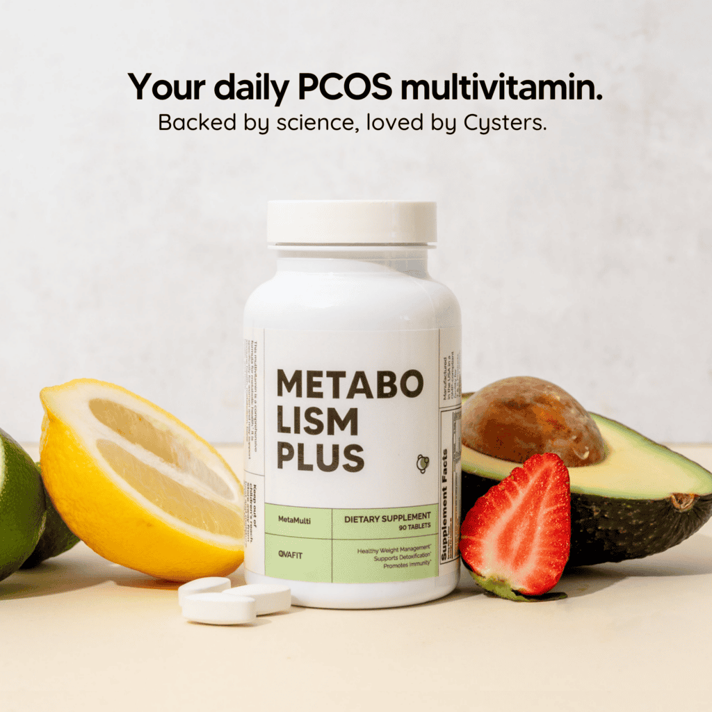 white bottle with fruits around and the words your daily pcos multivitamin titled above
