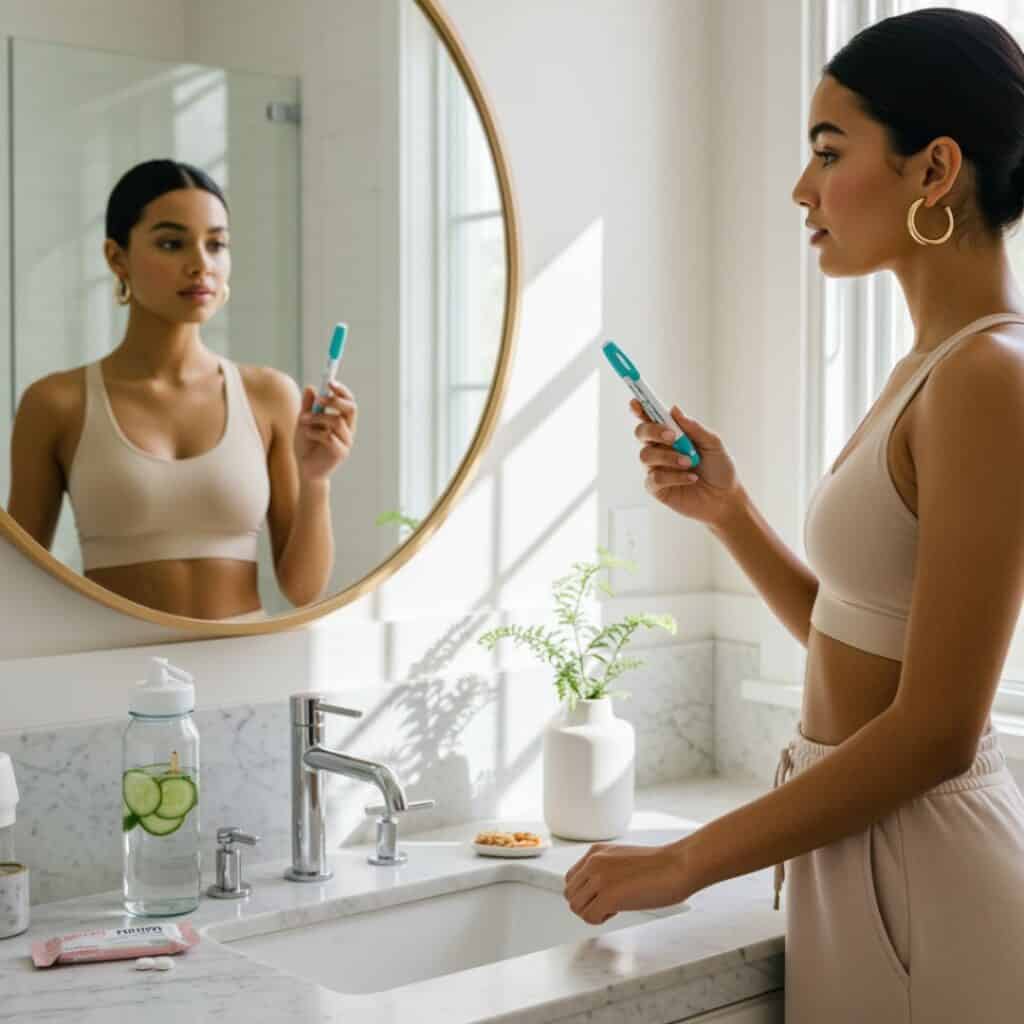 Woman looking in the mirror with Ozempic or GLP-1 injection pen looking concerned