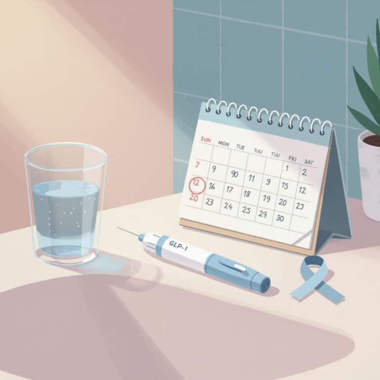 cartoon doctor's office counter with a date circled on the calendar, a blue pcos awareness ribbon next to it, and an opened needle GLP-1 injection device
