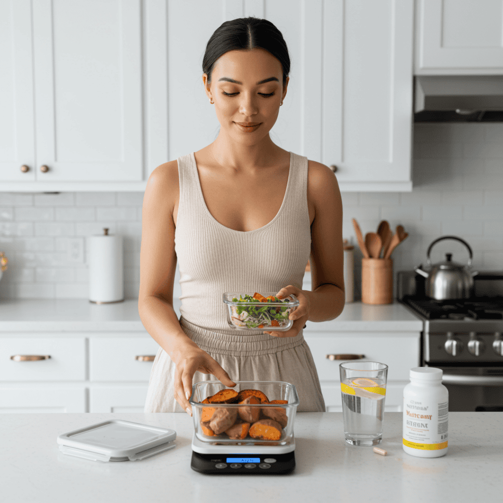Girl weighing her food Girl weighing her food on a food scale to count calories