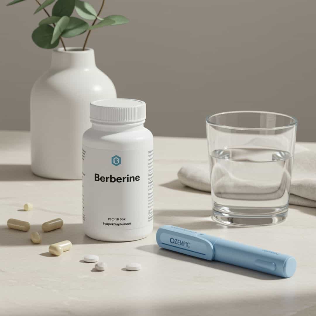 Berberine supplement bottle Ozempic pen Berberine supplement bottle, Ozempic pen, pills, and a glass of water on a table with a white vase in the background.