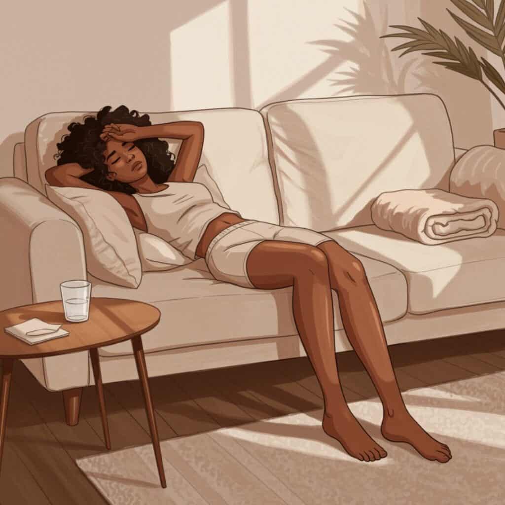 Ozempic Fatigue Girl laying on couch looking exhausted and fatigued with water next to her