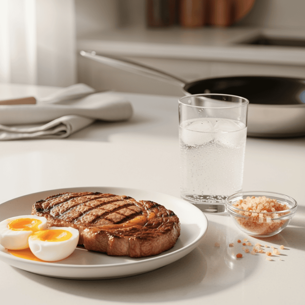 Plate with grilled steak Plate with grilled steak and soft-boiled eggs, served with a glass of water and a small bowl of pink salt on a kitchen counter