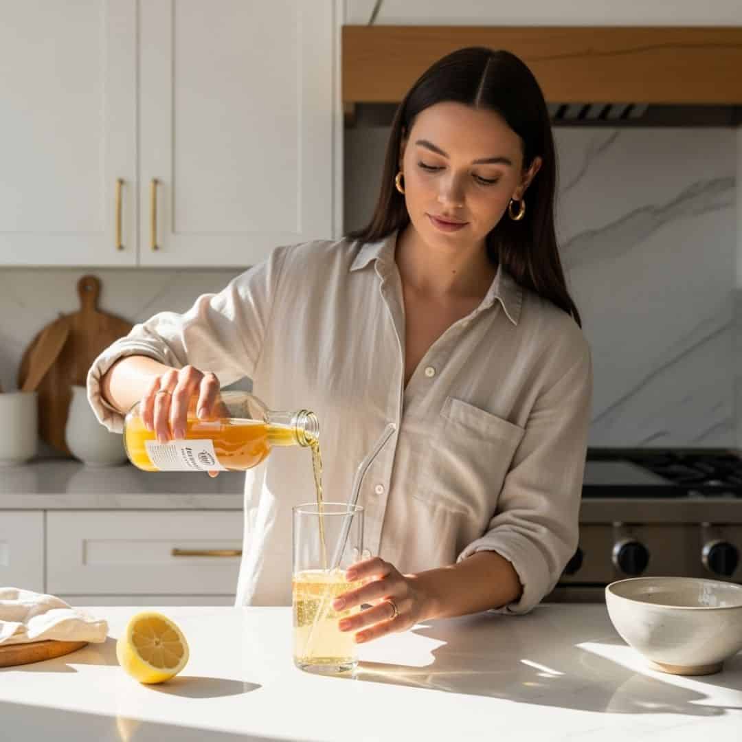 apple cider vinegar Woman in a kitchen pouring apple cider vinegar into a glass with a straw, half a lemon on the counter