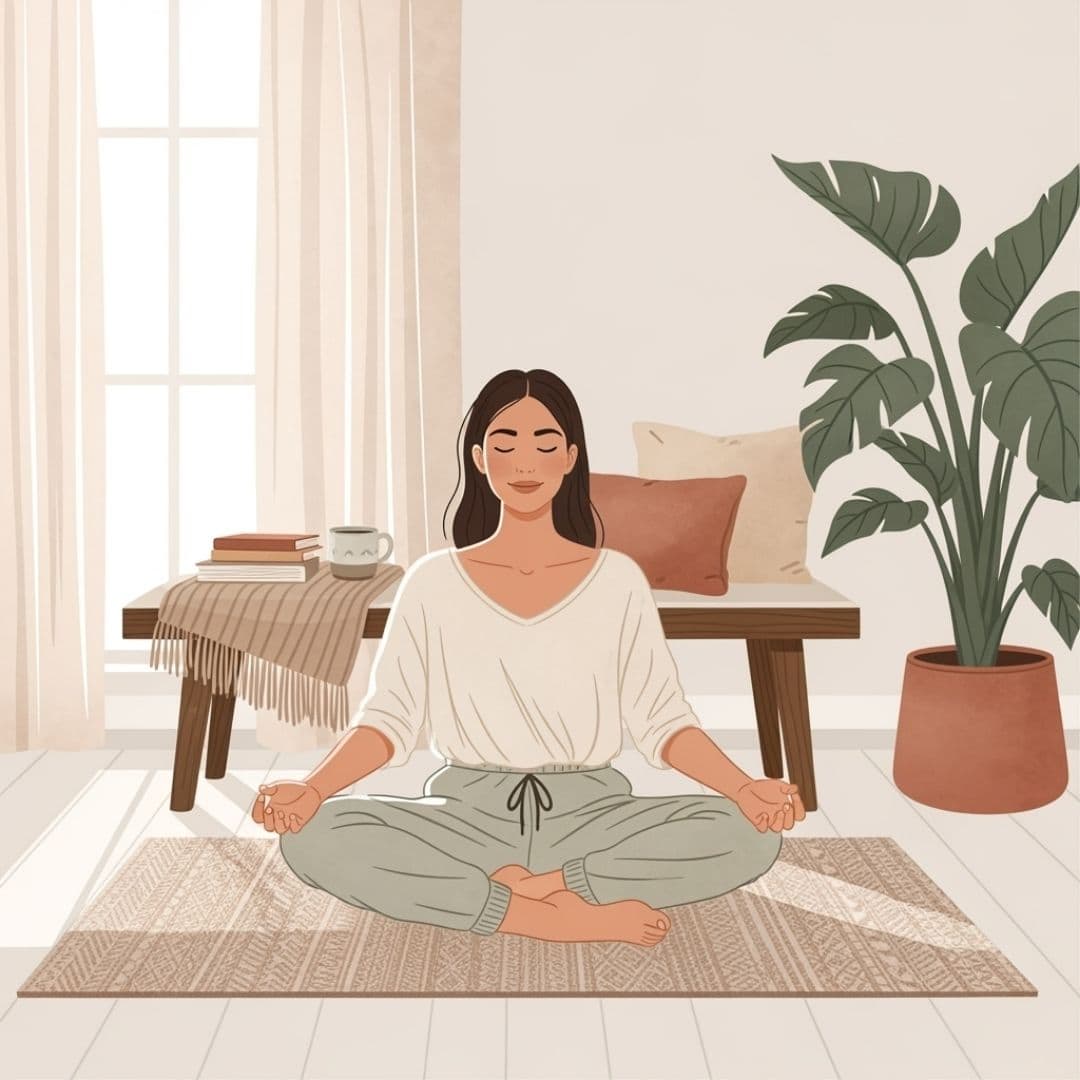 Illustration of a woman sitting cross-legged on a rug in a serene living room, meditating with eyes closed and hands resting on her knees.