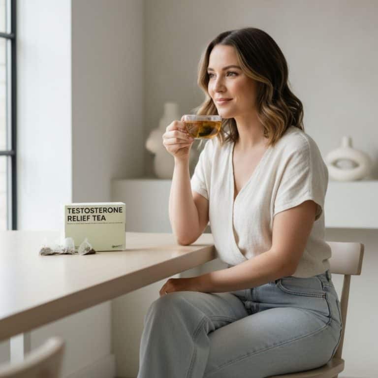 A woman sitting at a table holding a cup of tea, with a box labeled “Testosterone Relief Tea” and tea bags placed beside it.