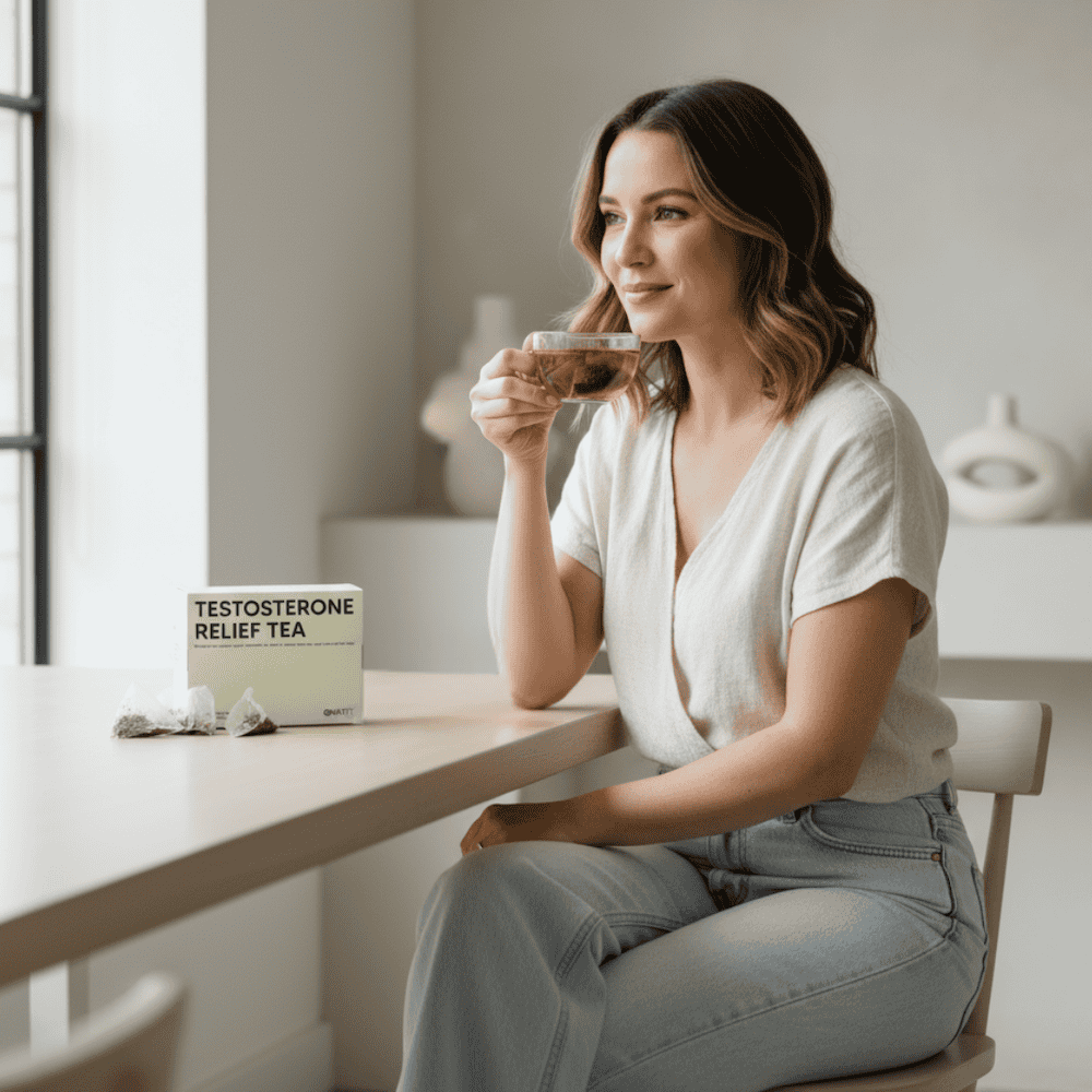 A woman sitting at a table holding a cup of tea, with a box labeled “Testosterone Relief Tea” and tea bags placed beside it.