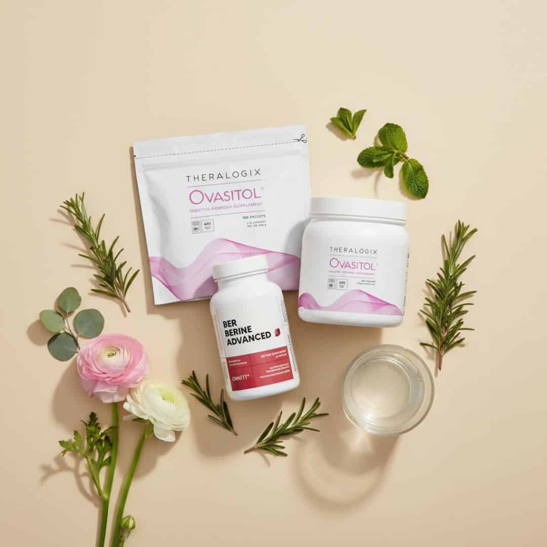 PCOS supplements with flowers, herbs, and a glass of water on a beige background.