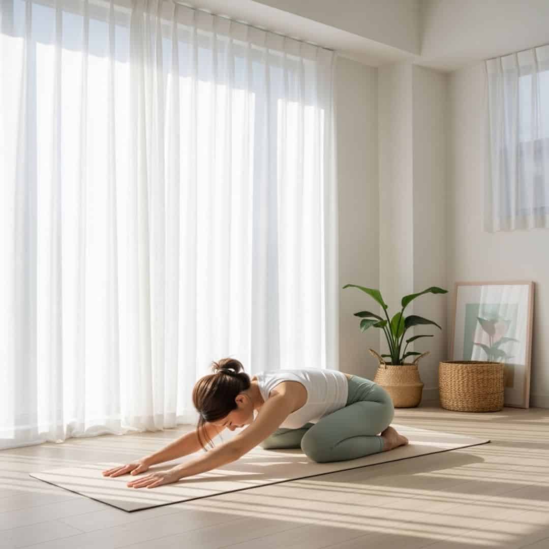 Woman doing yoga in a bright room with natural light.
