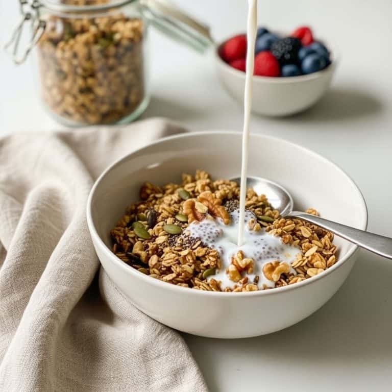 Granola in a bowl with almond milk pouring into it