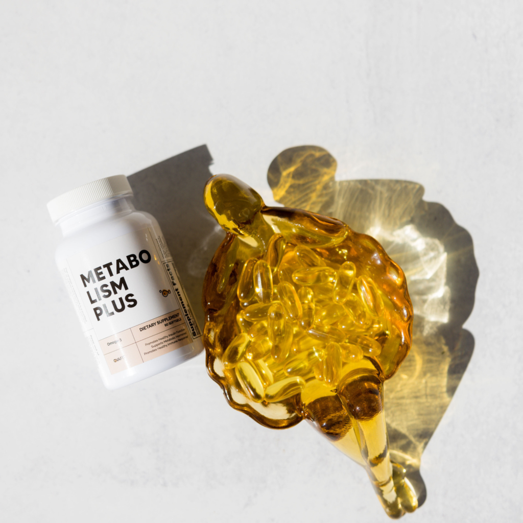 bottle with soft gels in a cup next to it