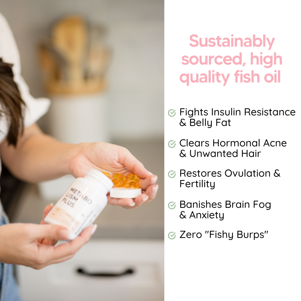 person taking omega 3 with informative text next to it