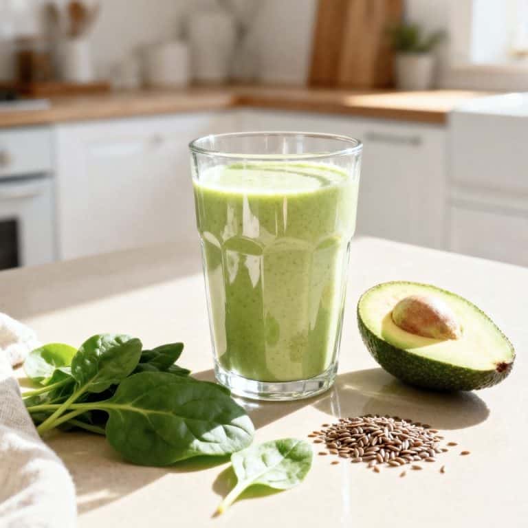 Glass of green smoothie with spinach, avocado, and seeds on a kitchen counter