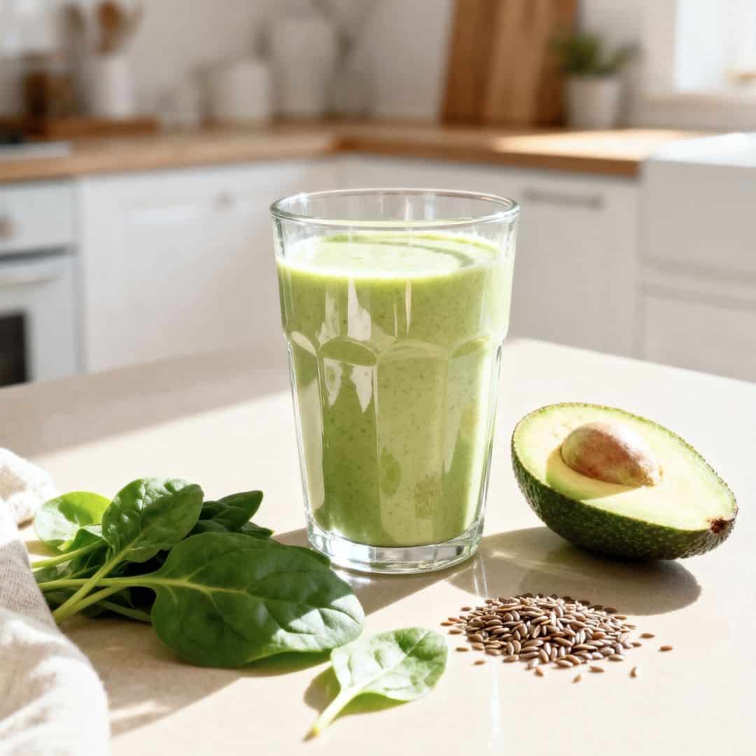 green smoothie Glass of green smoothie with spinach, avocado, and seeds on a kitchen counter