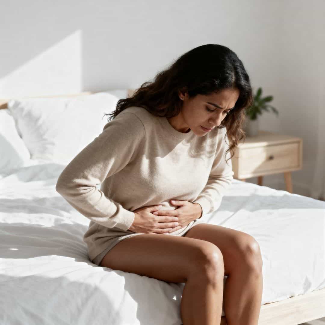 woman holding stomach Woman sitting on a bed holding her stomach in discomfort