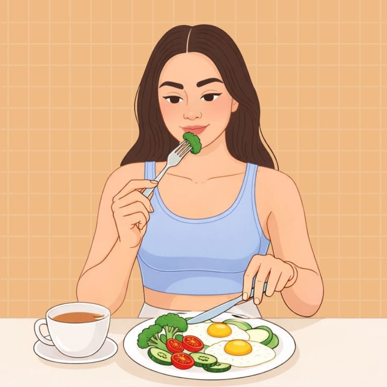cartoon woman with a plate of food and a mug of tea on the table in front of her