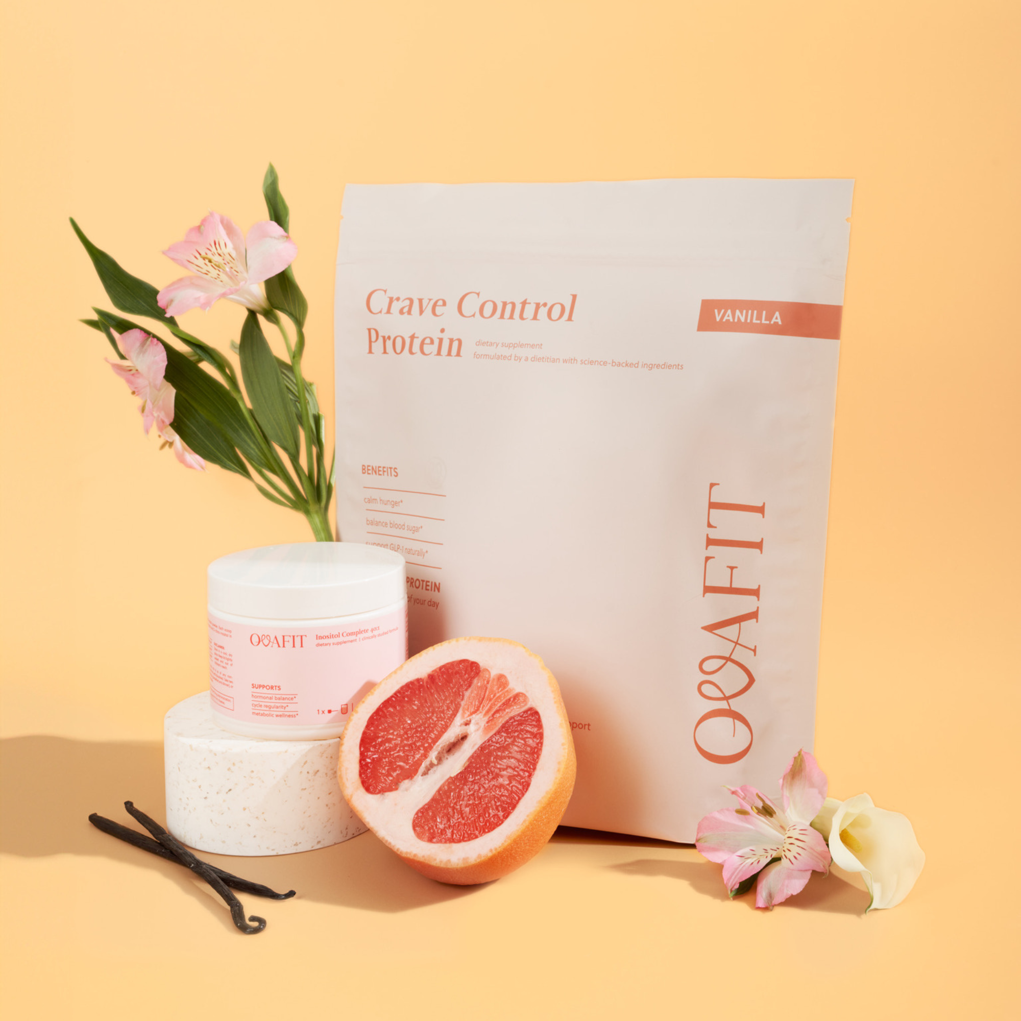 bundle of inositol and protein powder with flowers