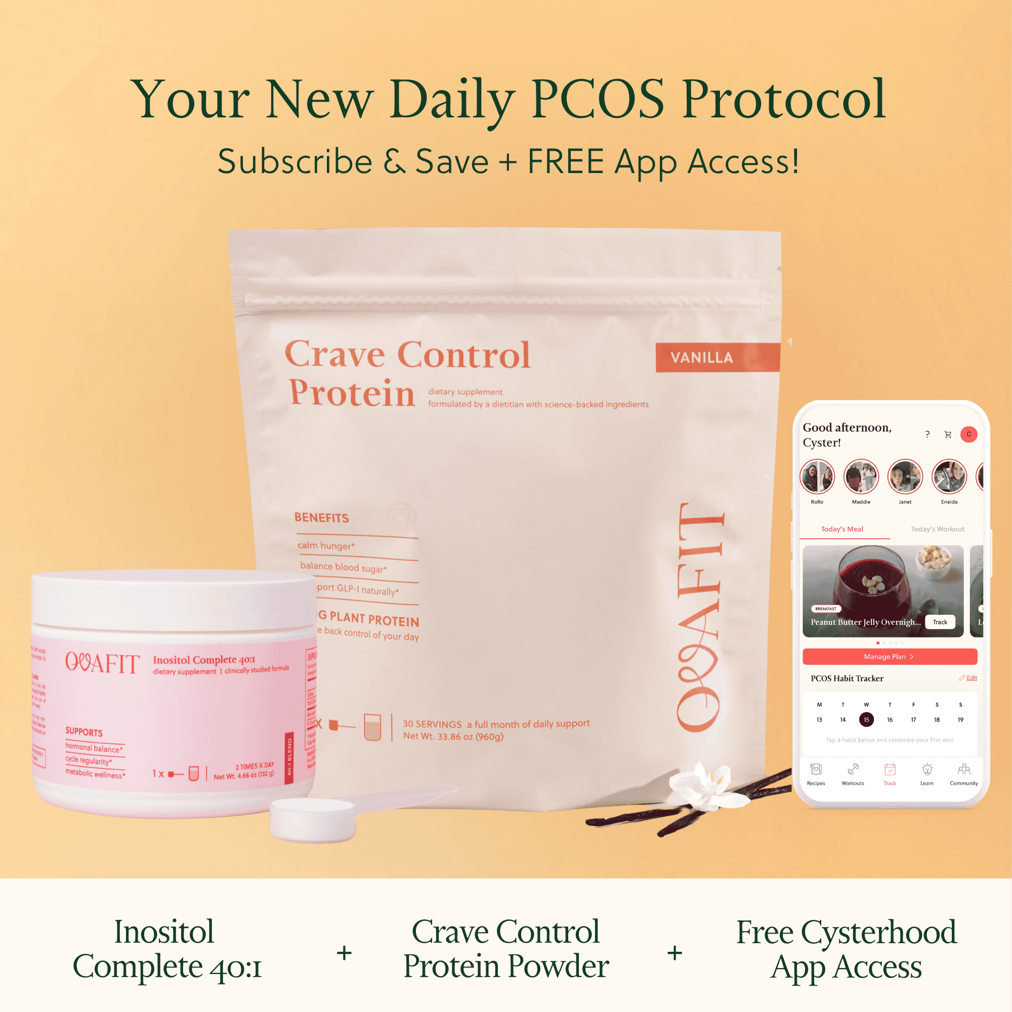 your new daily pcos protocol, inositol, crave control protein powder, free app access
