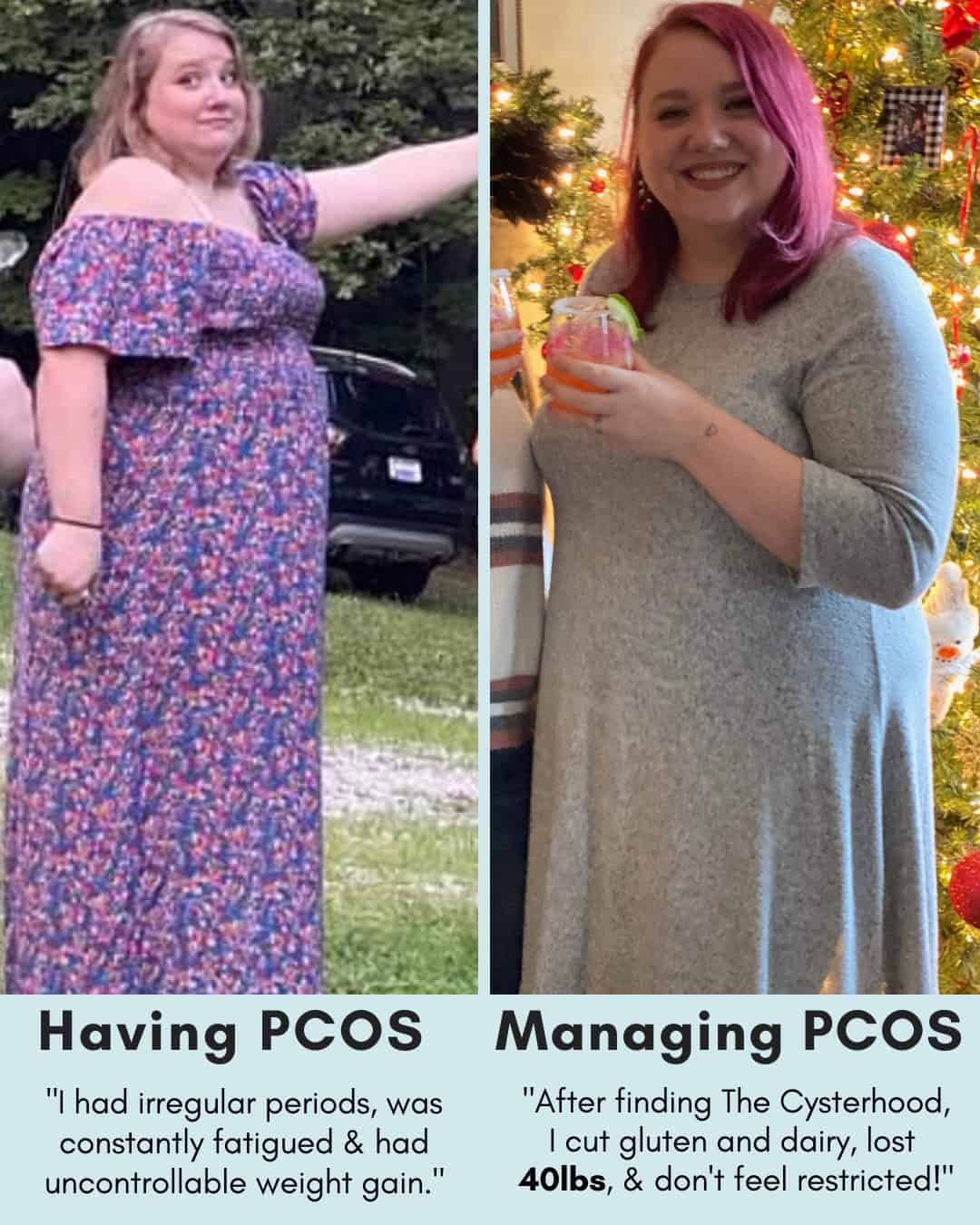 Cysterhood testimonial with before/after photos from Cysterhood member