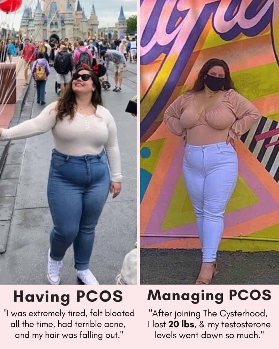 Cysterhood testimonial with before/after photos from Cysterhood member
