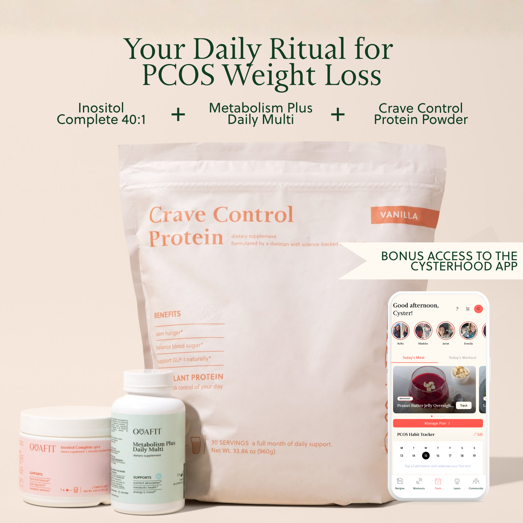 protein powder multivitamin and inositol shown with app