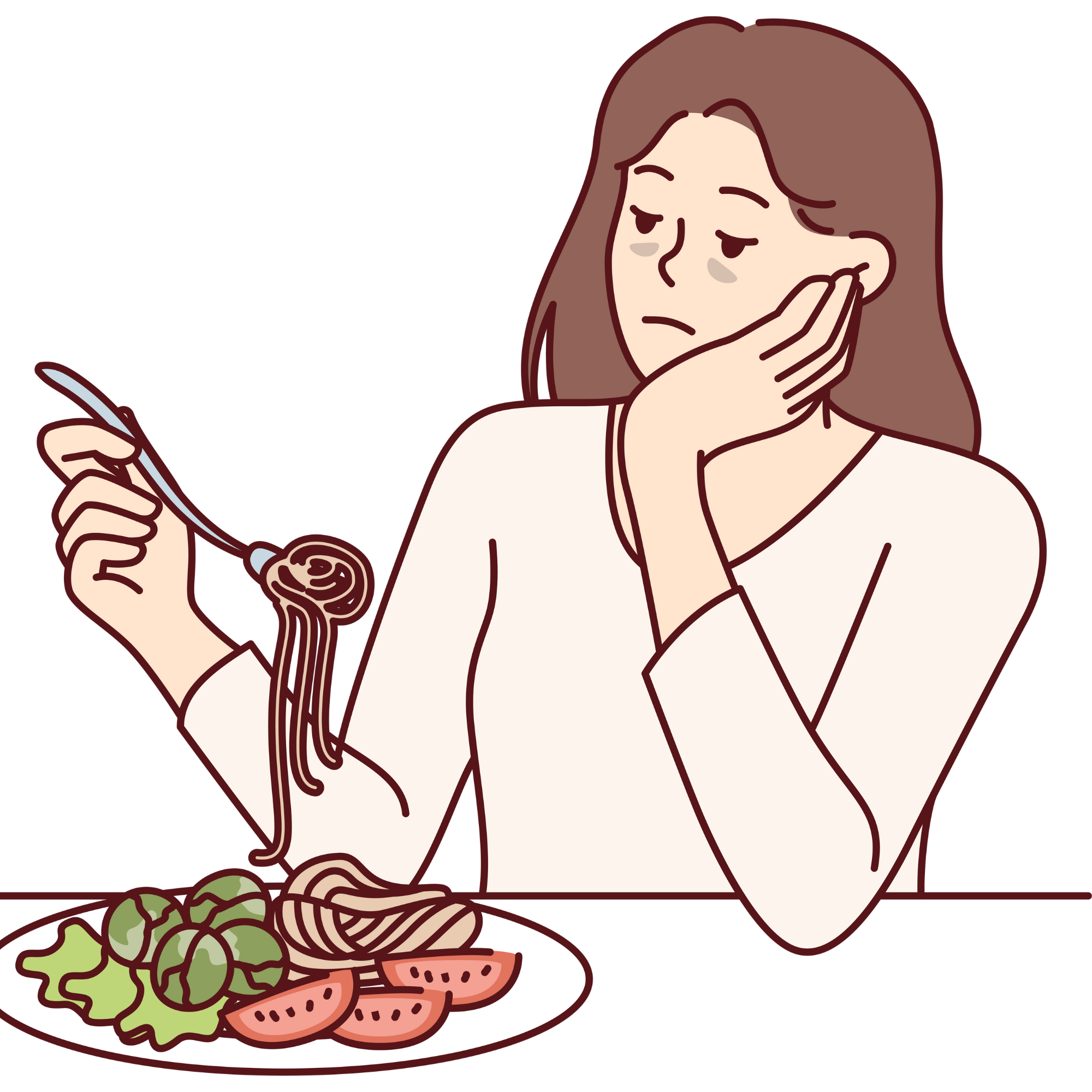 cartoon woman looking tired while holding a fork of the food in front of her