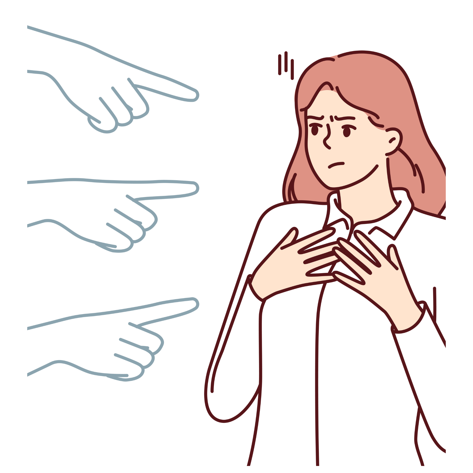 cartoon woman standing with different hands pointing index finger at her