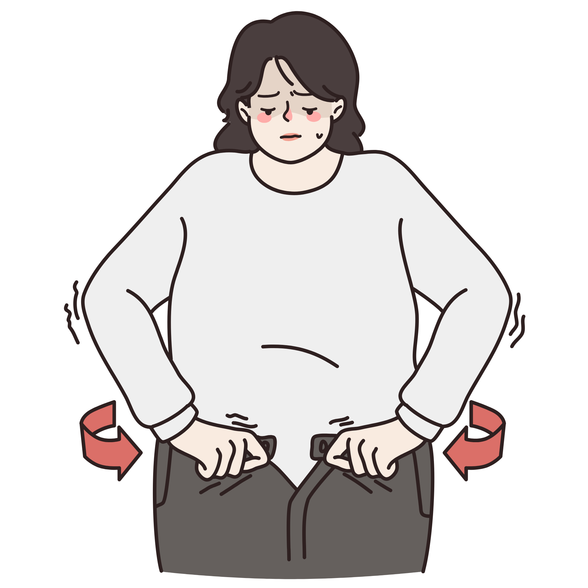 cartoon woman trying to to put pants on that are too small