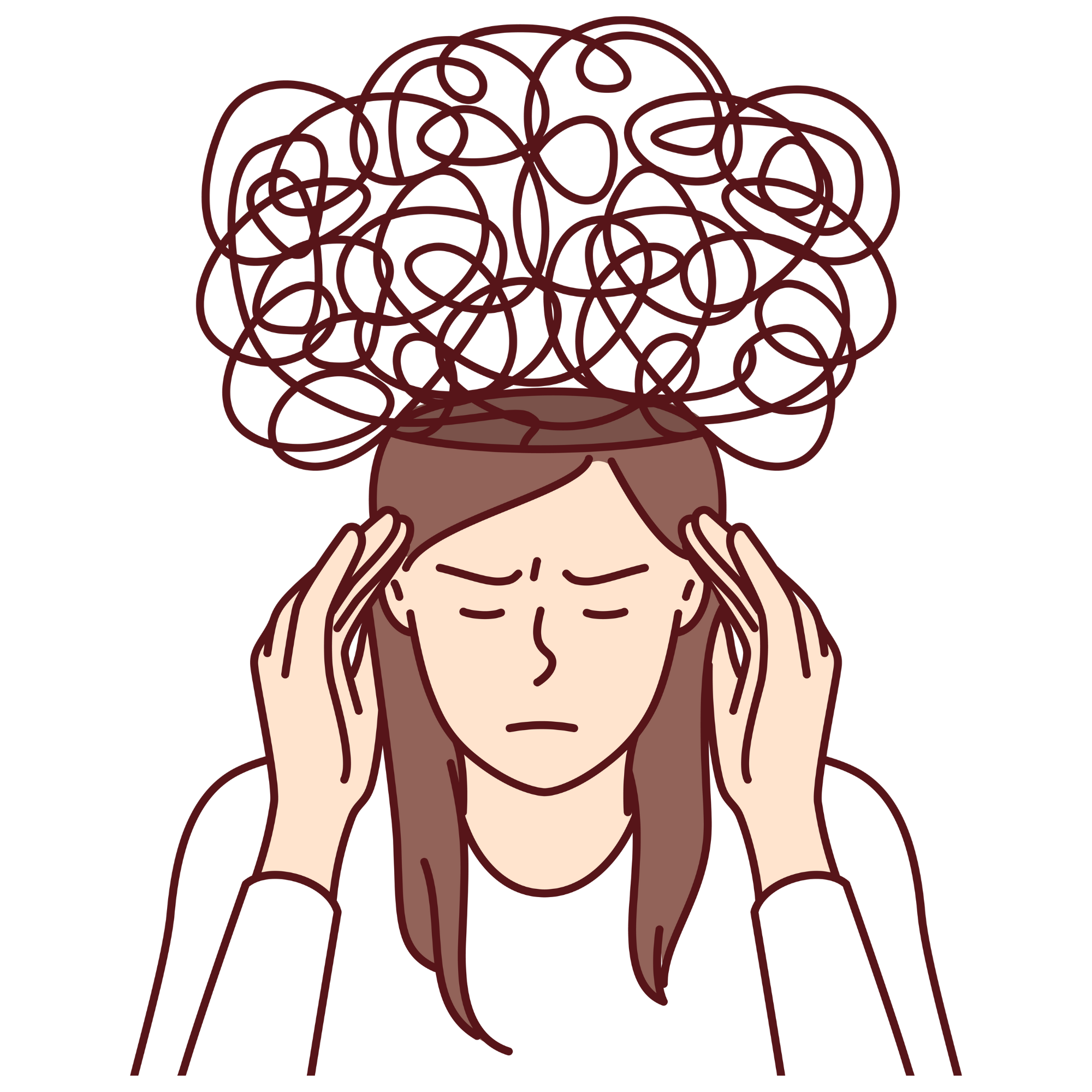 cartoon woman with scribble lines coming from her head while holding her hands to her temples