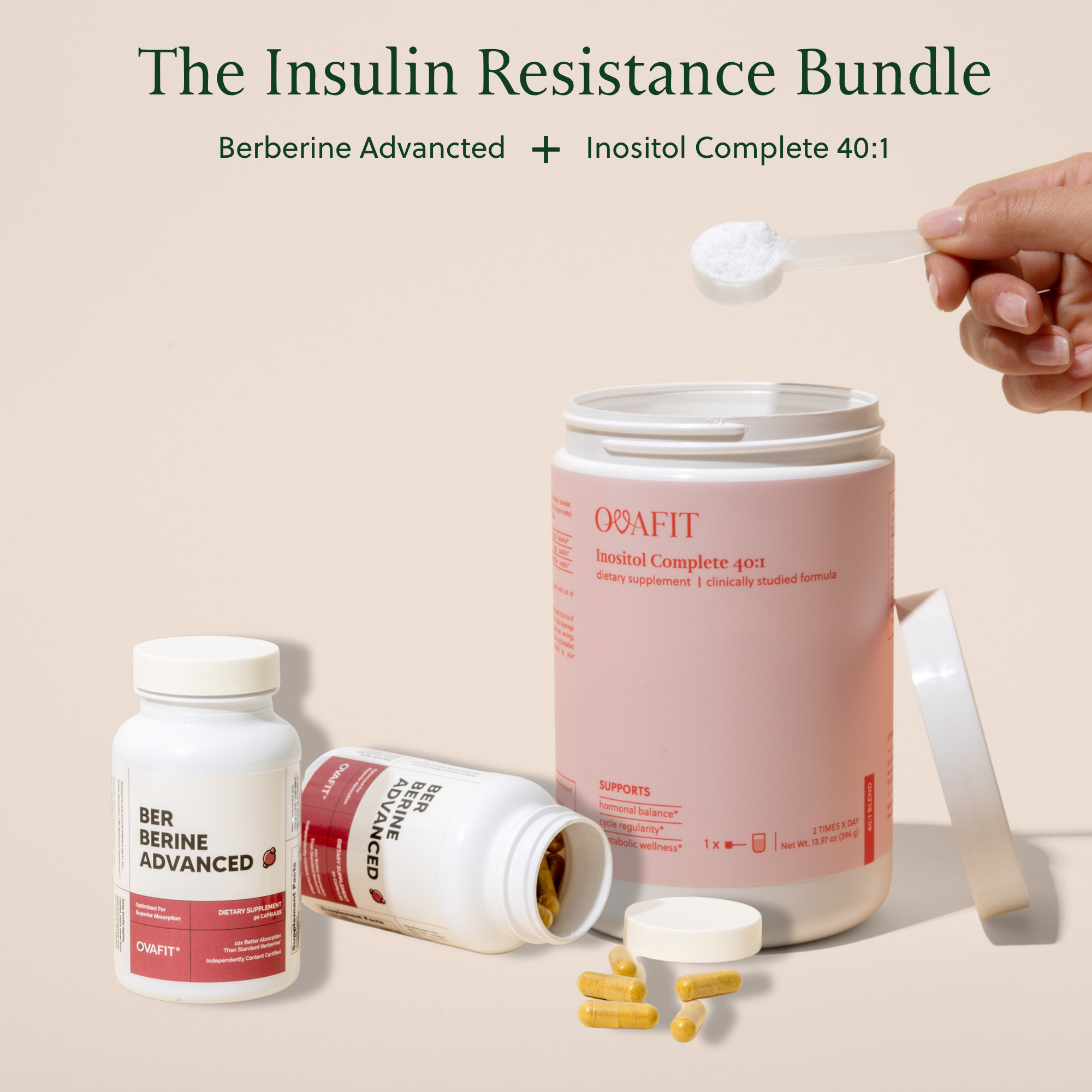 showing bottle of berberine and inositol being scooped