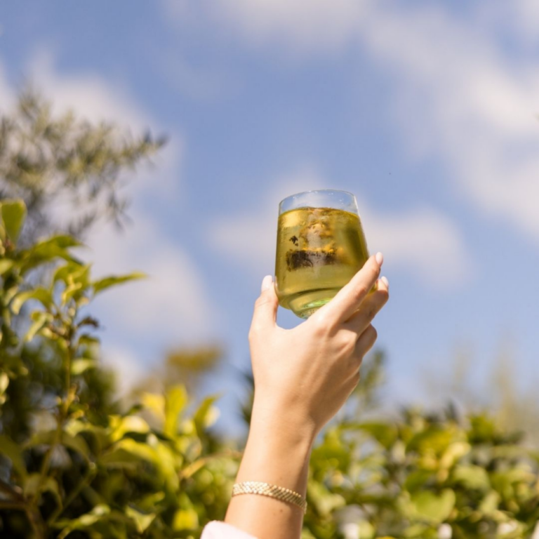 Hand holding a glass of spearmint tea in the sky