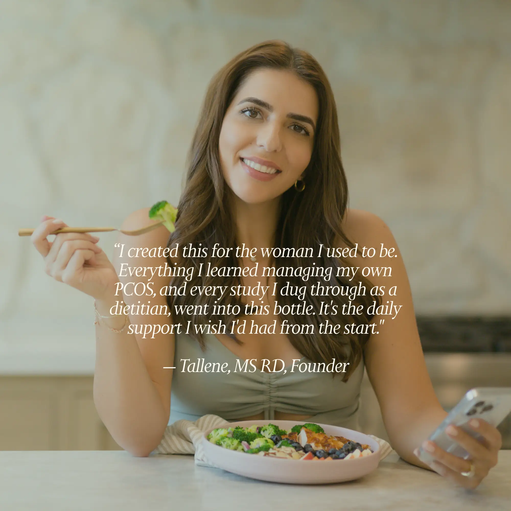 Woman eating with text over her